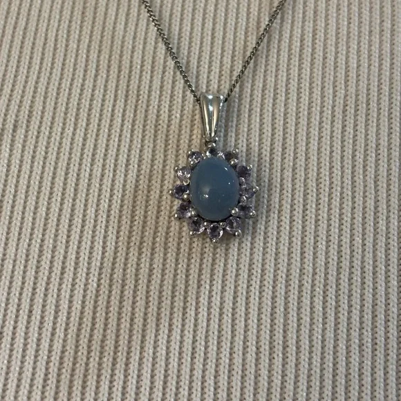 Genuine Ocean Blue Opal & Tanzanite Halo Pendant Necklace 1.62 ct. .925